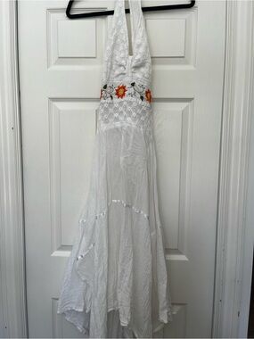 White Whimsy Boho Halter Maxi Handkerchief Bottom Dress Crochet and Embroidery S